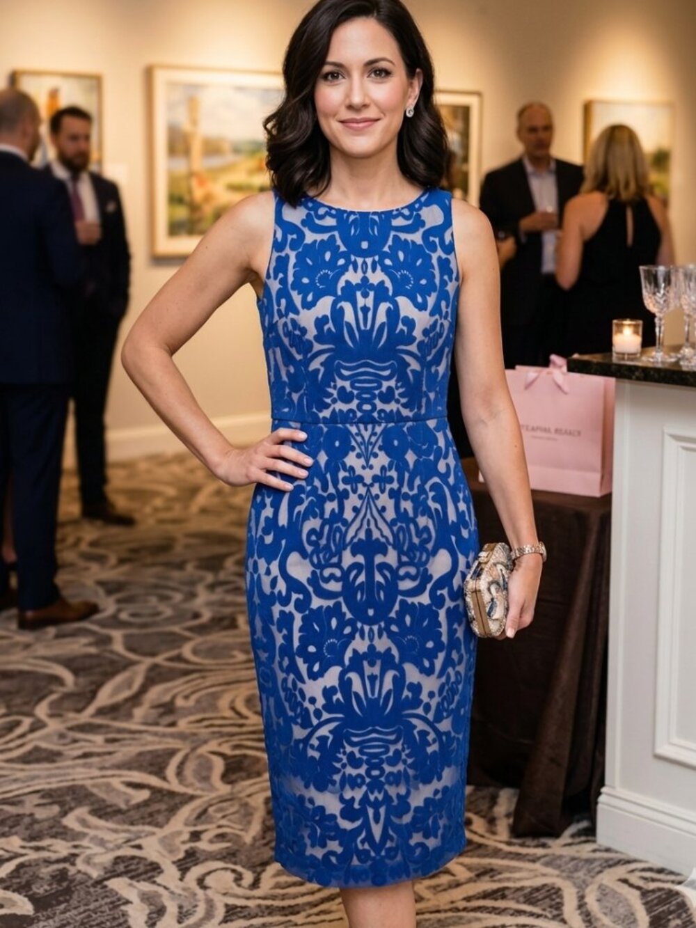 NWT Katherine Kelly Blue Embroidered Jacquard "Lace" Dress, Size 8